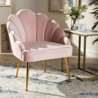 Baxton Studio TSF-6665-Light Pink/Gold-CC Cinzia Glam and Luxe Light Pink Velvet Fabric Upholstered Gold Finished Seashell Shaped Accent Chair